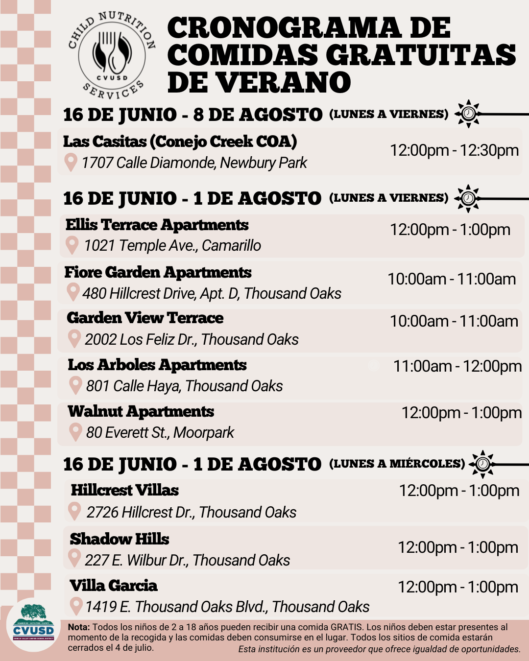 Free Summer Meal Schedule Spanish